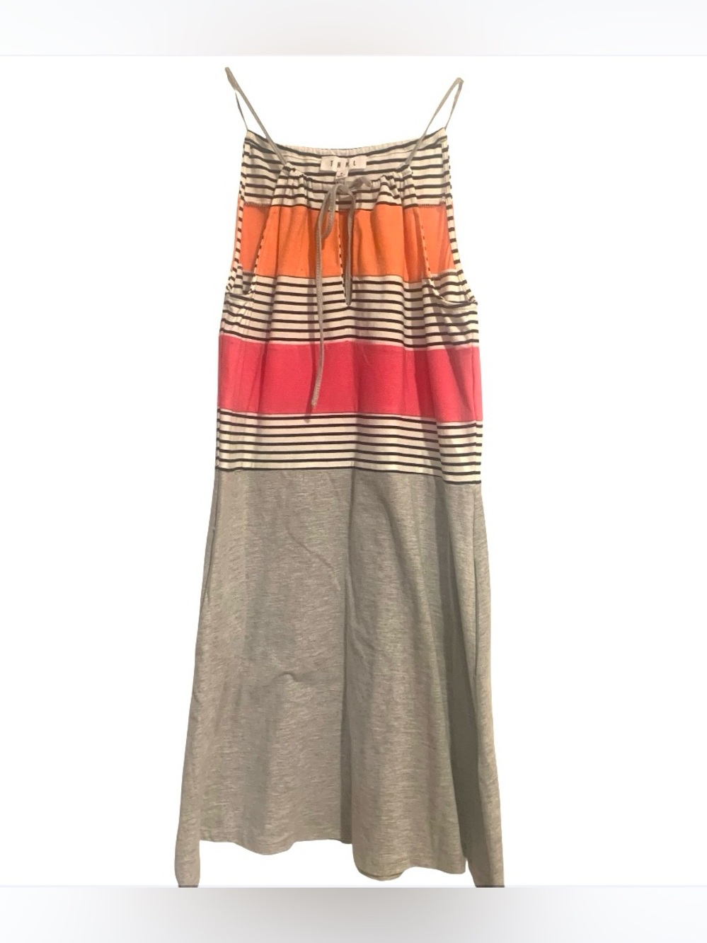 THML Sundress Vibrant Orange Pink Striped Top Solid Gray Adjustbl Women’s Size S